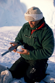 Peter Harrison measures an Emperor Penguin Egg. Riiser Larsen Ice Shelf Colony. Weddell Sea. Antarctica.