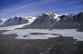 Polar Desert in the Taylor Dry Valley with Lake Fryxell at the top. Ross Sea. Antarctica
