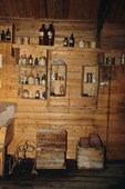Shelves of mixed supplies & boxes. Shackleton's Nimrod expedition hut at Cape Royds Ross Island. Antarctica.