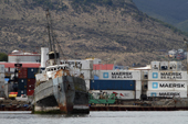 Wrecked ship in the harbour is attractive to both tourists and seabirds. Ushuaia. Argentina