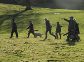 Guns, beaters and their dogs walk to another drive on a pheasant shoot in Hampshire. England