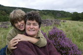Mother and son. Max and Mandy on holiday in the Findhorn Valley at heather time. Scotland