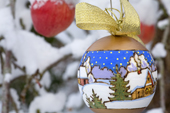 Russian hand painted Christmas decoration hanging with snow covered Winston Apple. England
