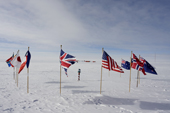 Flags of Nations and the Ceremonial South Pole. Amundsen-Scott South Pole Station. Antarctica