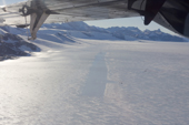 Blue ice runway at Patriot Hills, seen from a Twin Otter. Antarctica.