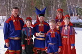 Sami family from Karasjok pose in traditional clothing after a confirmation service Karasjok. Sapmi. N. Norway. 2000