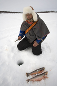 Saami reindeer herder, Nils Peder Gaup, ice fishing for Arctic Char on a lake near his reindeers' winter pastures. Kautokeino, Finnmark, North Norway. 2007