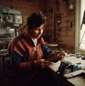 Saami craftsman, Johan Rist, with a traditional Saami knife he has made. Kautokeino. Norway. 1972