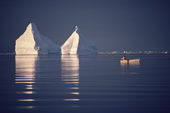 An Inuit hunter seal hunting in his boat near icebergs. N.W. Greenland. 1987