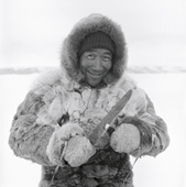 Kigutikak Duneq dressed in caribou skin, uses a large knife to cut a piece of Maktaaq (whale skin) to eat. Qaanaaq. Thule. Northwest Greenland. 1971