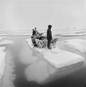 Orfik Duneq, his wife Judithe & daughter Jacobine use an ice floe as a raft to cross a wide lead in late spring. Qaanaaq. Thule, Northwest Greenland. 1971