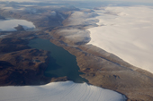 Receding icecap and glaciers melting into a glacial lake in Northwest Greenland. 2008