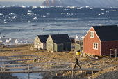 Houses in the Inuit community of Qaanaaq, on the shore of Inglefield Bay in Autumn. Northwest Greenland. 2008