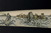 Second of a sequence of 7 images of a whaling story engraved on walrus ivory by Gallina Irgutegina. Uelen, Chukotka, Siberia. 2004
