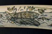 Third of a sequence of 7 images of a whaling story engraved on walrus ivory by Gallina Irgutegina. Uelen, Chukotka, Siberia. 2004