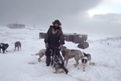 Yura Timnekkvun, a Chukchi hunter from Uelen checks his sled dogs during a storm at Dezhnovka. Chukotka, Siberia, Russia 2004