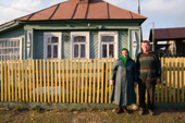 Mikhail Sobelev and his wife Alexandra outside their 100 year old home in Pogost. Ryazan Province, Russia. 2006