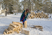Kaduney Piak, an elderly Forest Nenets woman, chopping firewood at her winter camp in the Purovsky region of the Yamal. Western Siberia, Russia