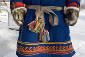 A Nenets man's traditional decorated malitsa (reindeer skin parka). Yamal, Western Siberia, Russia