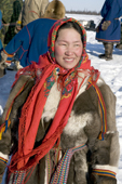 A Nenets woman in traditional dress at a reindeer herders festival in the Yamal. Western Siberia, Russia