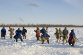 Nenets men competing in a lassoing competition at a reindeer herders festival in the Yamal. Western Siberia, Russia