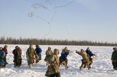 Nenets men competing in a lassoing competition at a reindeer herders festival in the Yamal. Western Siberia, Russia