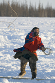 A Nenets man competing in a lassoing competition at a reindeer herders festival in the Yamal. Western Siberia, Russia