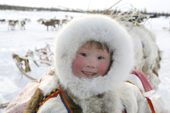 Portrait of Yaline Laptander, a young Nenets girl, at her family's winter camp in the Yamal. Western Siberia, Russia