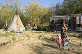 A Khanty woman and her daughter at a fishing camp on the River Ob near Aksarka. Yamal, Western Siberia, Russia