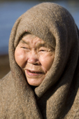 Aninya, an elderly Nenets woman, wearing a woollen headscarf. Akasarka, Yamal, Western Siberia, Russia