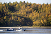 A motor launch on the River Ob near Aksarka in the autumn. Yamal, Western Siberia, Russia
