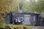 A wooden hut at a Khanty fishing camp on the River Ob near Aksarka. Yamal, Western Siberia, Russia