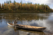 On an autumn day, Gennadiy Kubolev, a Selkup man, about to go fishing in his 'Anty' (traditional dugout boat) on the River Shirta. Krasnoselkup, Yamal, Western Siberia, Russia