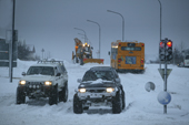 Traffic in blizzard Reykjavik Iceland