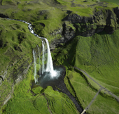 Aerial, Seljalandsfoss waterfall, South Coast, Iceland
