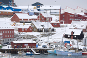 The harbour at Ilulissat in the autumn after a fresh fall of snow. West Greenland